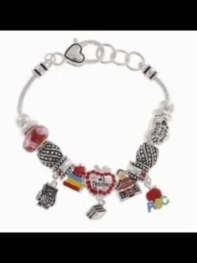 Red Heart Teacher Charm Bracelet - Women's Silver Tone Bracelet